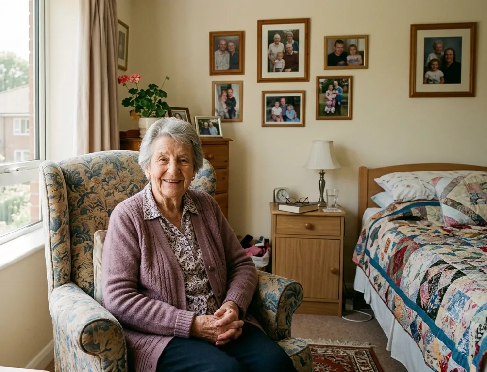 Adult daughter holding her elderly mother's hands at the kitchen table, finding relief after choosing senior living near Alliance, Ohio
