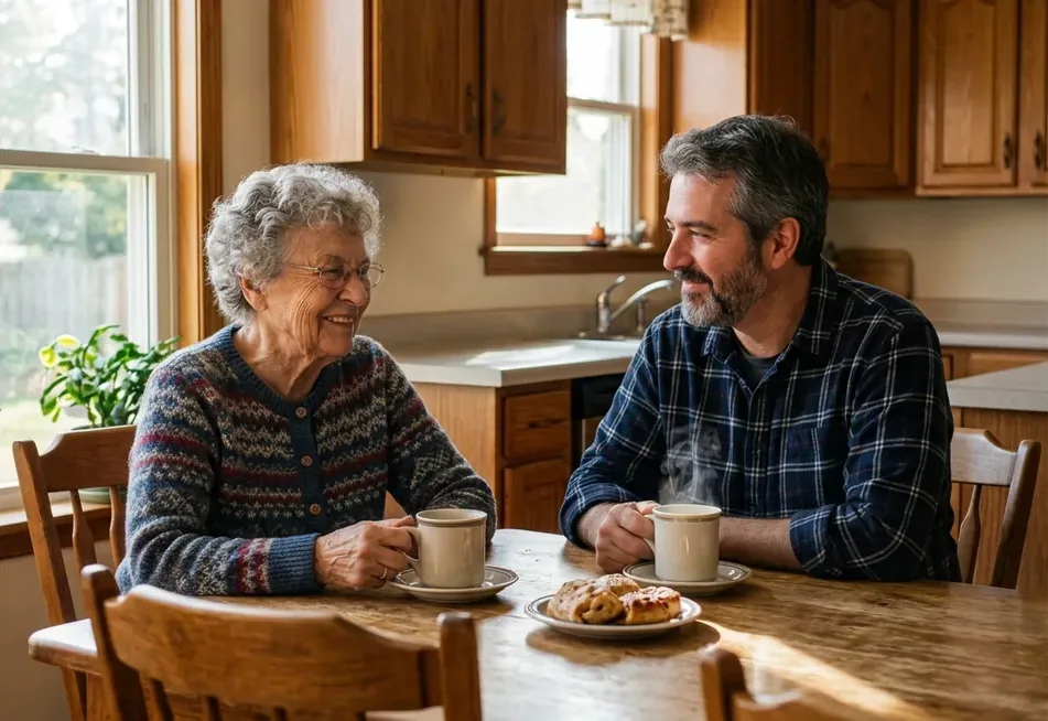 Adult son talking with his elderly father about senior living options after a hospital stay in Stark County, Ohio